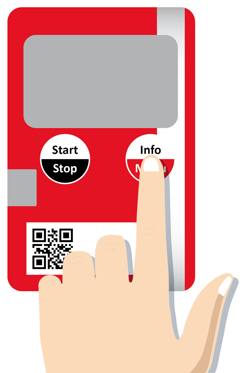 A LIBERO Gx device with a finger hovering over the “Info / Menu” button